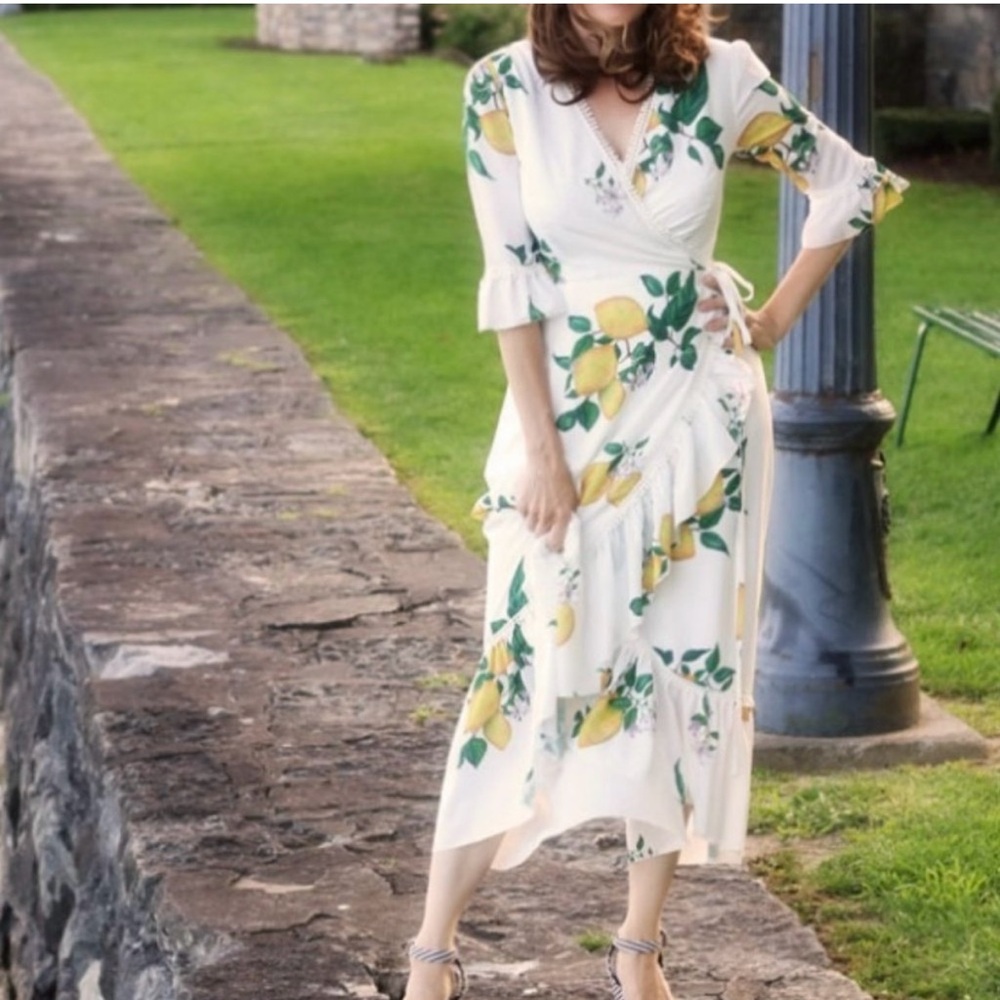 Lemon Print Asymmetrical Wrap Dress